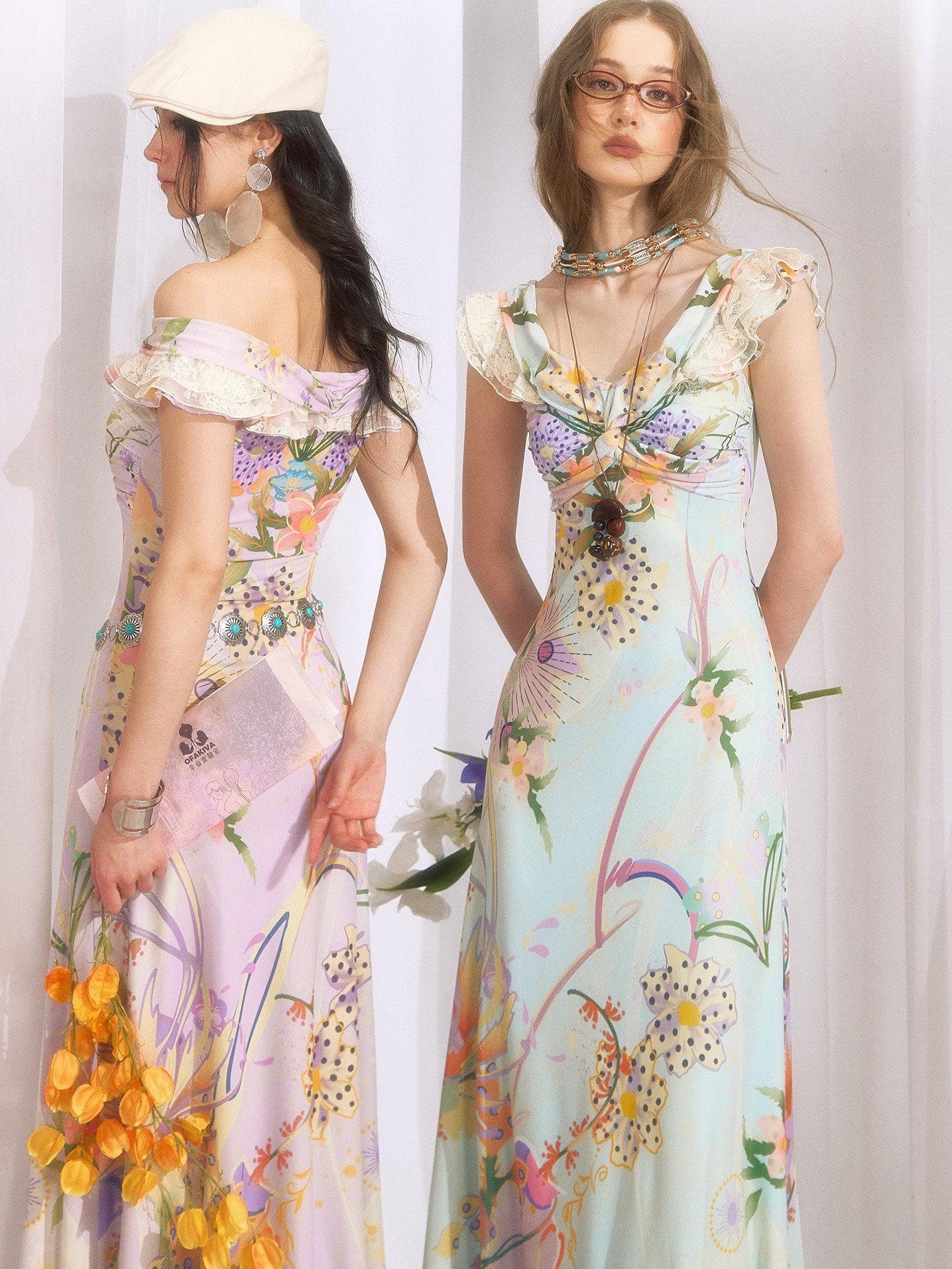 OfAkiva Botanical Floral Off Shoulder French Vintage Women&