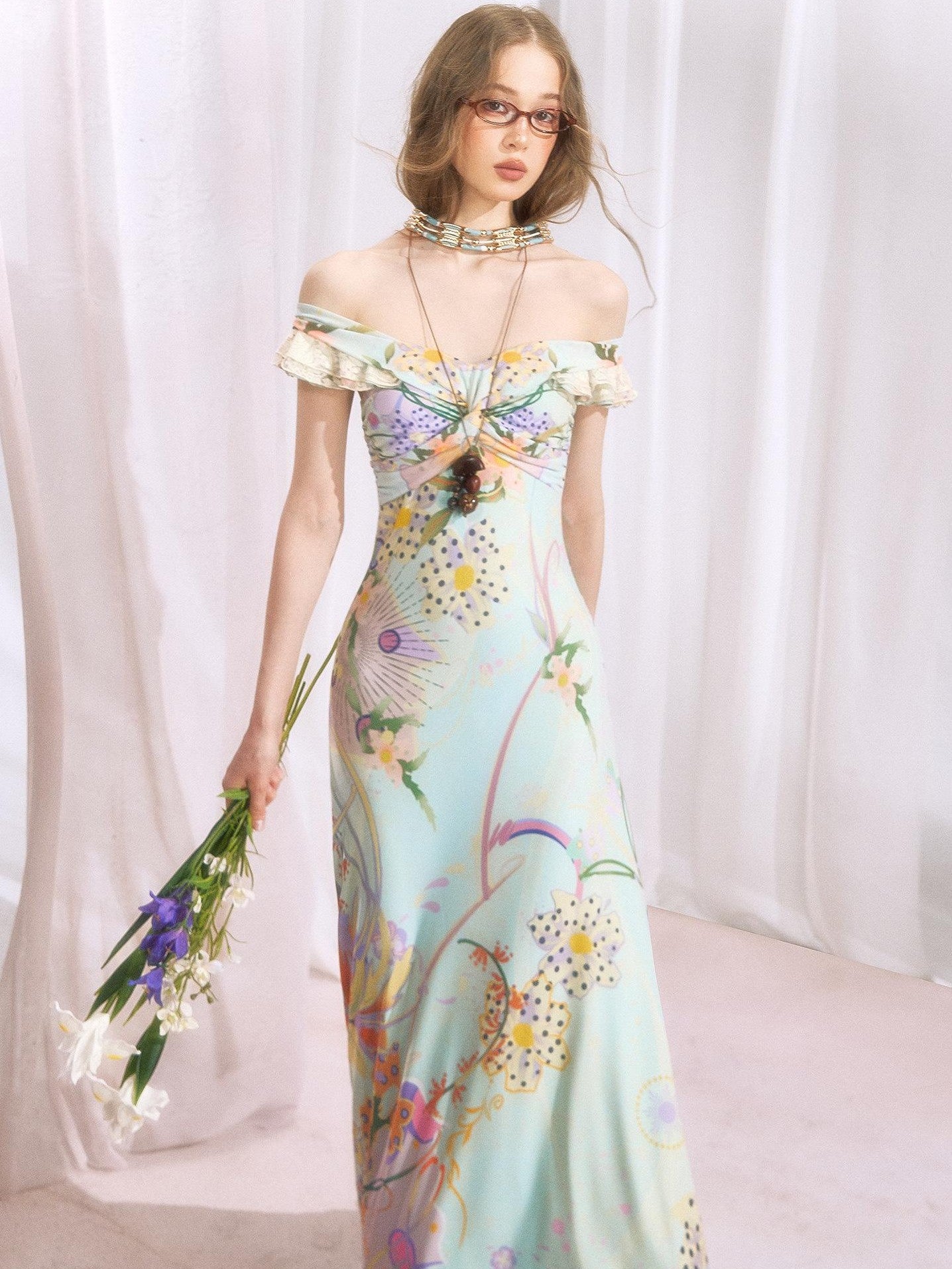 OfAkiva Botanical Floral Off Shoulder French Vintage Women&