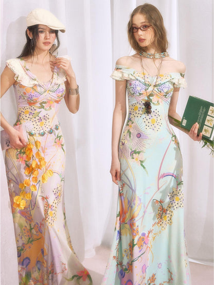 OfAkiva Botanical Floral Off Shoulder French Vintage Women&