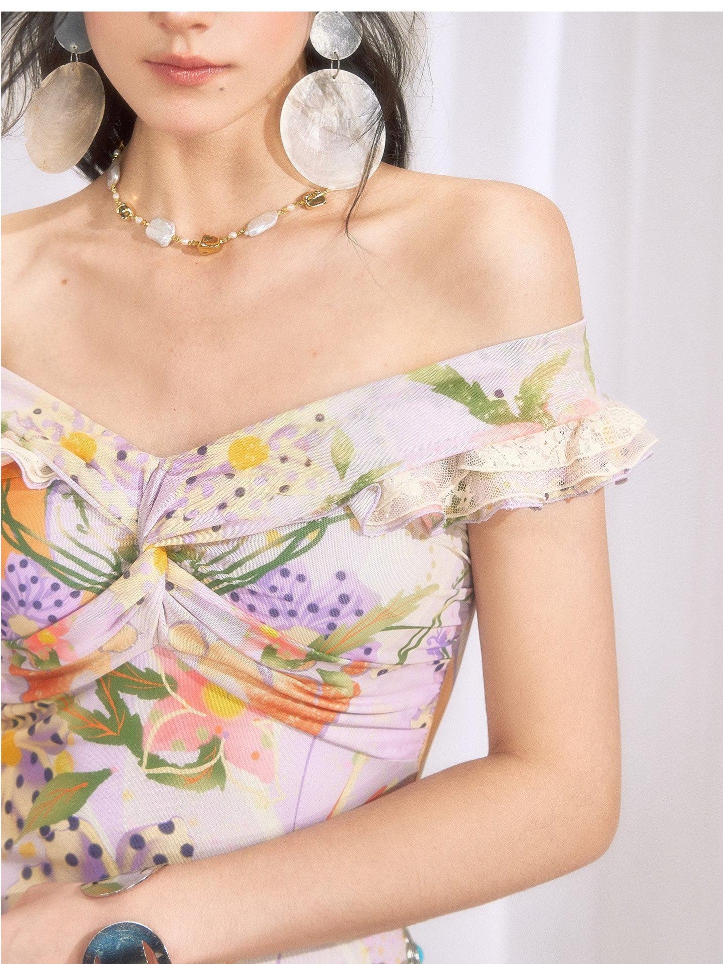 OfAkiva Botanical Floral Off Shoulder French Vintage Women&