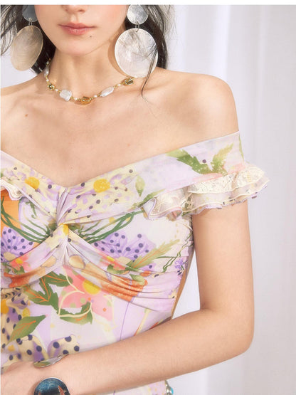 OfAkiva Botanical Floral Off Shoulder French Vintage Women&