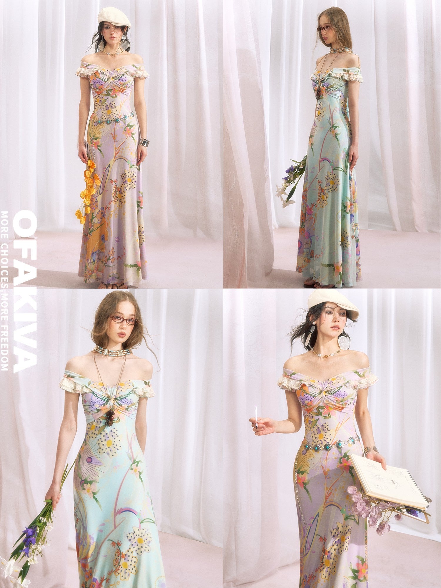 OfAkiva Botanical Floral Off Shoulder French Vintage Women&