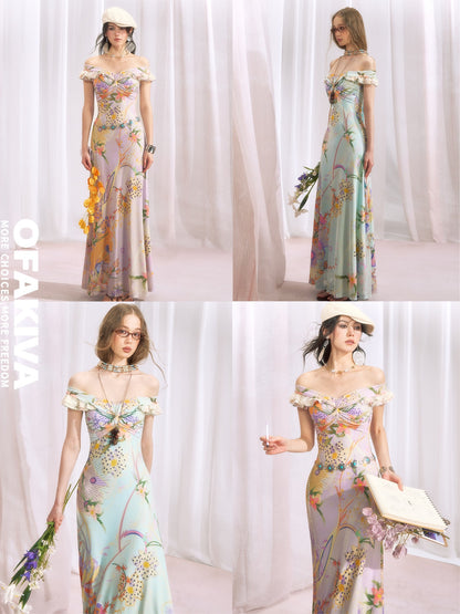 OfAkiva Botanical Floral Off Shoulder French Vintage Women&