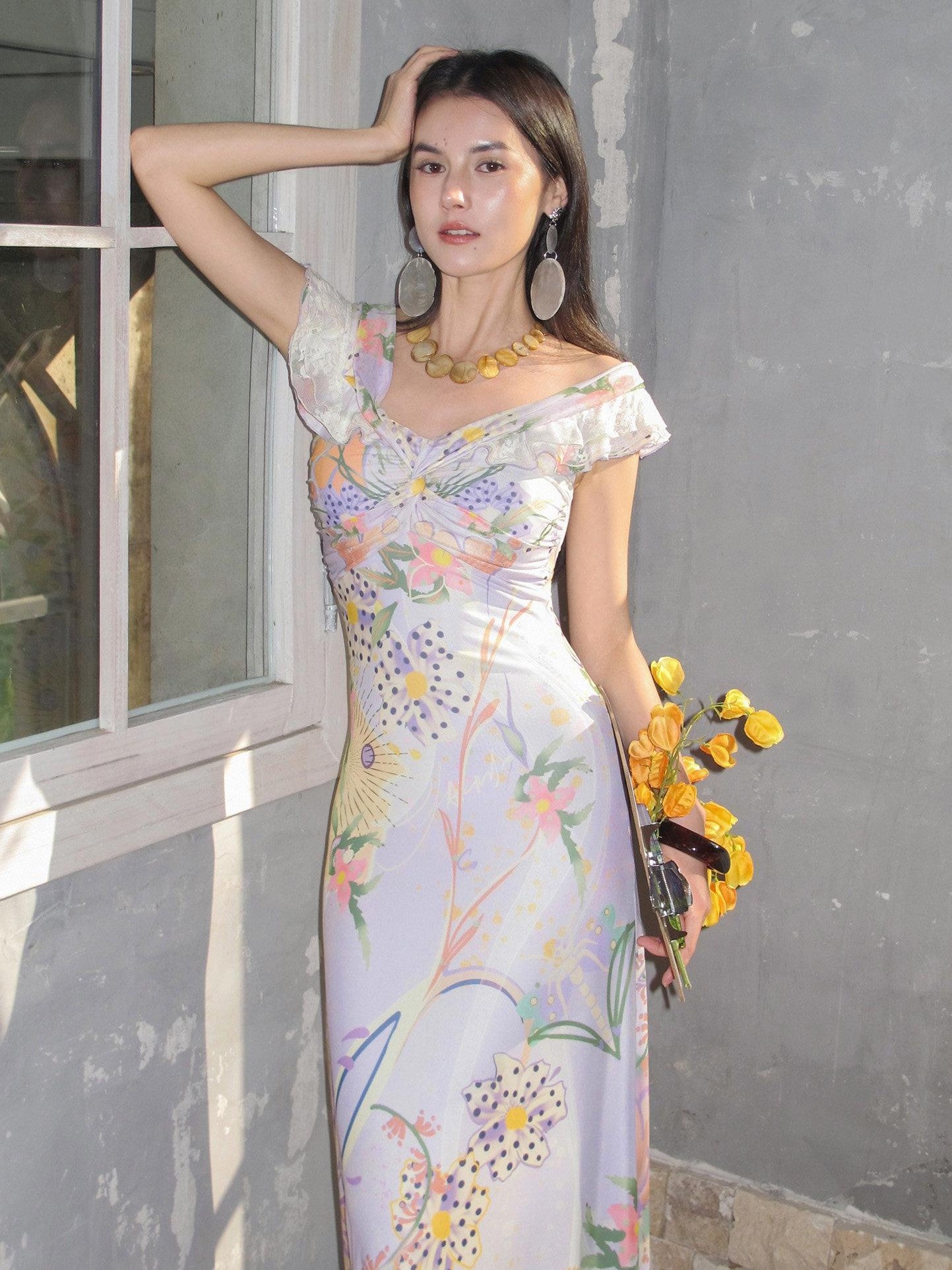 OfAkiva Botanical Floral Off Shoulder French Vintage Women&