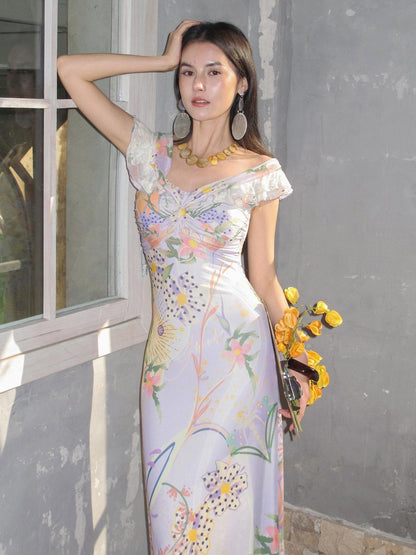 OfAkiva Botanical Floral Off Shoulder French Vintage Women&