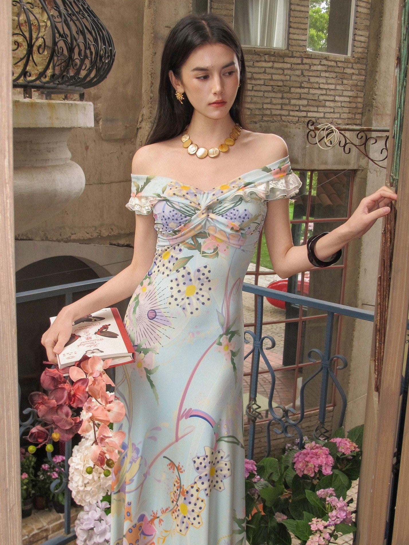 OfAkiva Botanical Floral Off Shoulder French Vintage Women&