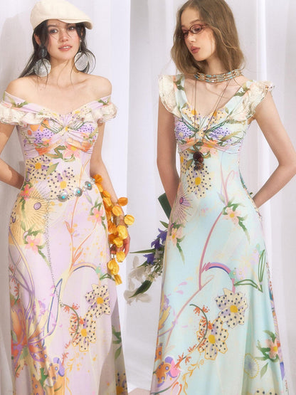 OfAkiva Botanical Floral Off Shoulder French Vintage Women&