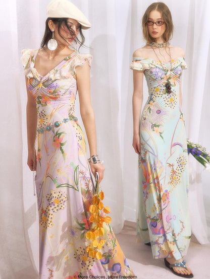 OfAkiva Botanical Floral Off Shoulder French Vintage Women&
