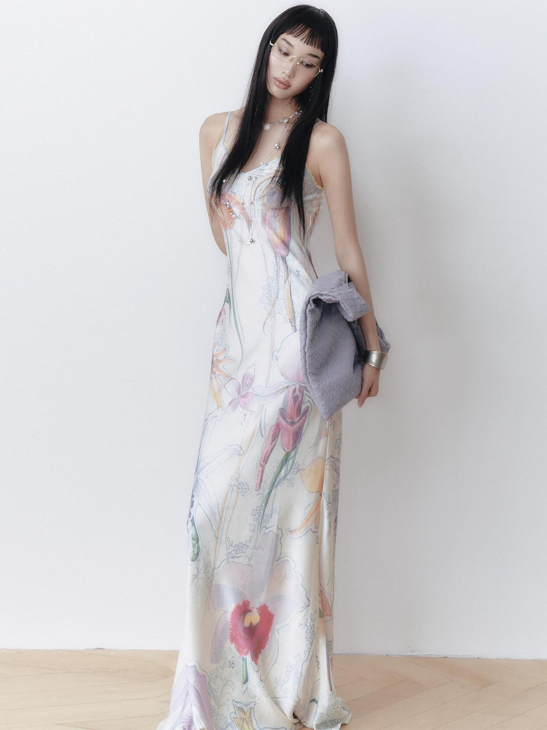 OfAkiva Botanical Print Spaghetti Strap Bias Cut Women&