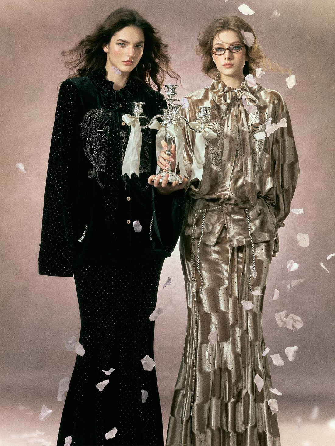 OfAkiva Bow Vintage Slim Long Sleeve Blouse High Waist Maxi Skirt Two Piece Suits