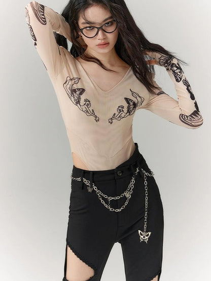 OfAkiva Butterfly Print Long Sleeve Bodysuit