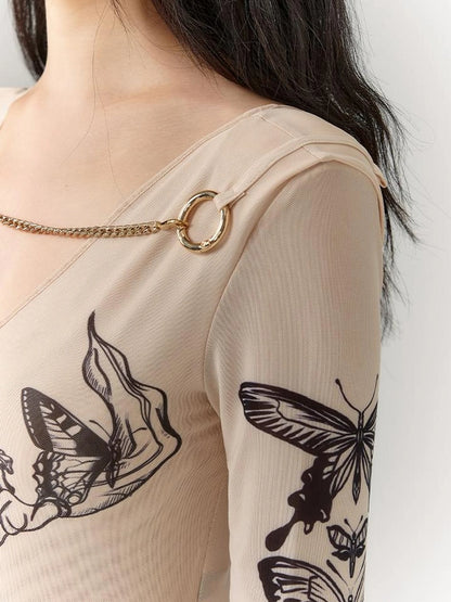 OfAkiva Butterfly Print Long Sleeve Bodysuit