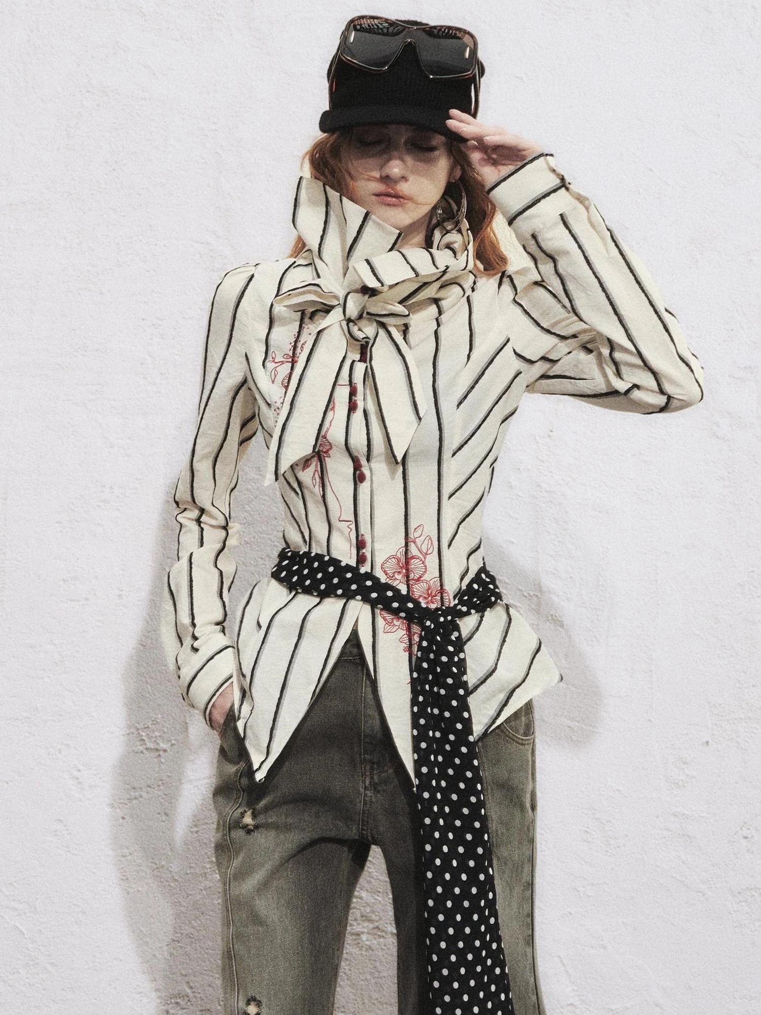 Carlton Striped Color Block Orchid Embroidery Puff Sleeve Shirt