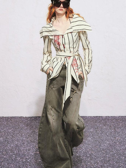 Carlton Striped Color Block Orchid Embroidery Puff Sleeve Shirt