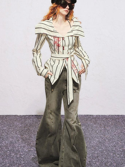 Carlton Striped Color Block Orchid Embroidery Puff Sleeve Shirt