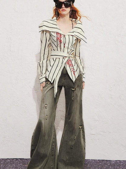 Carlton Striped Color Block Orchid Embroidery Puff Sleeve Shirt