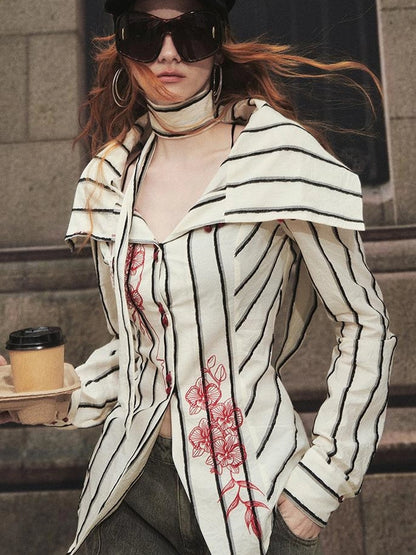 Carlton Striped Color Block Orchid Embroidery Puff Sleeve Shirt