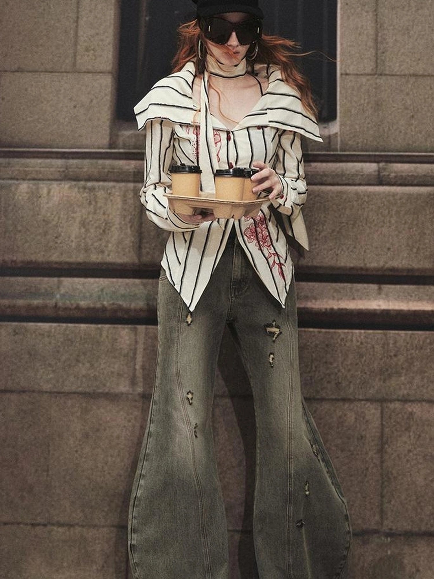 Carlton Striped Color Block Orchid Embroidery Puff Sleeve Shirt