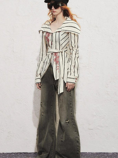 Carlton Striped Color Block Orchid Embroidery Puff Sleeve Shirt