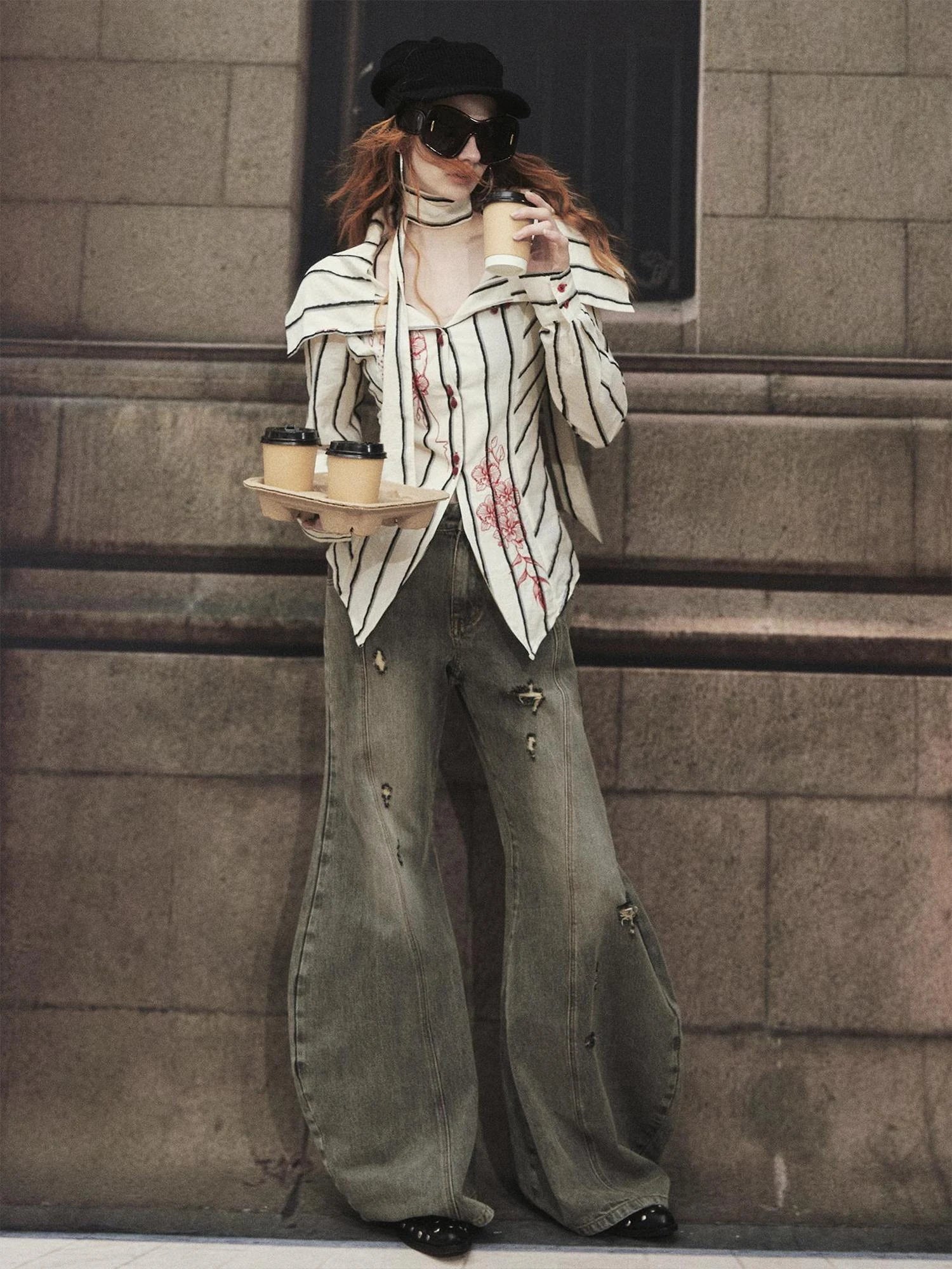 Carlton Striped Color Block Orchid Embroidery Puff Sleeve Shirt