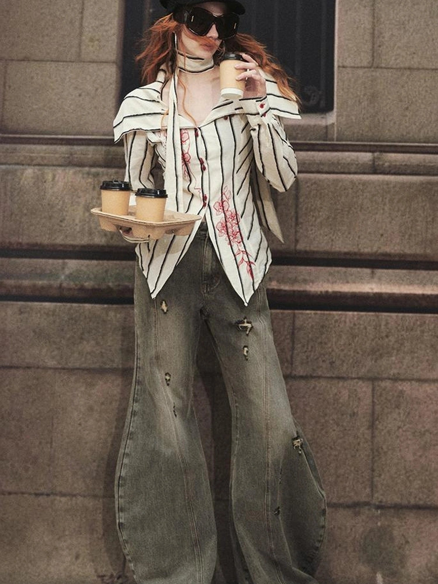 Carlton Striped Color Block Orchid Embroidery Puff Sleeve Shirt