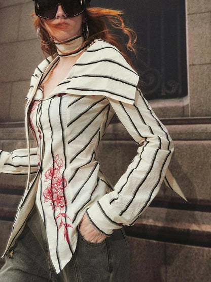 Carlton Striped Color Block Orchid Embroidery Puff Sleeve Shirt