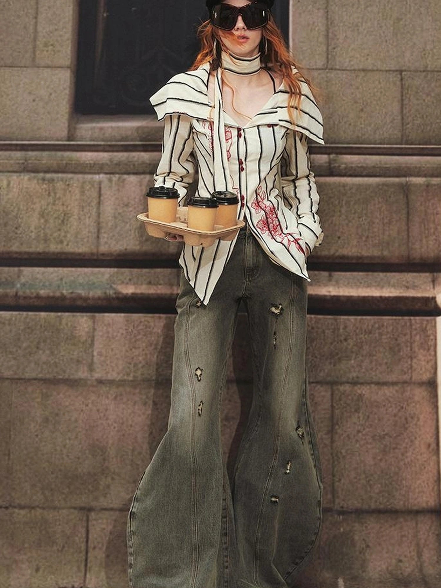 Carlton Striped Color Block Orchid Embroidery Puff Sleeve Shirt