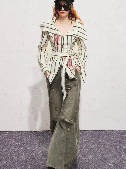 Carlton Striped Color Block Orchid Embroidery Puff Sleeve Shirt