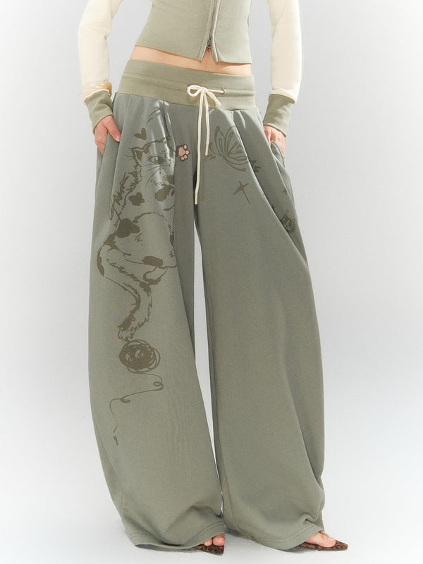 Cat Print Low Rise Drawstring Wide Waist Women's Cotton Chinos