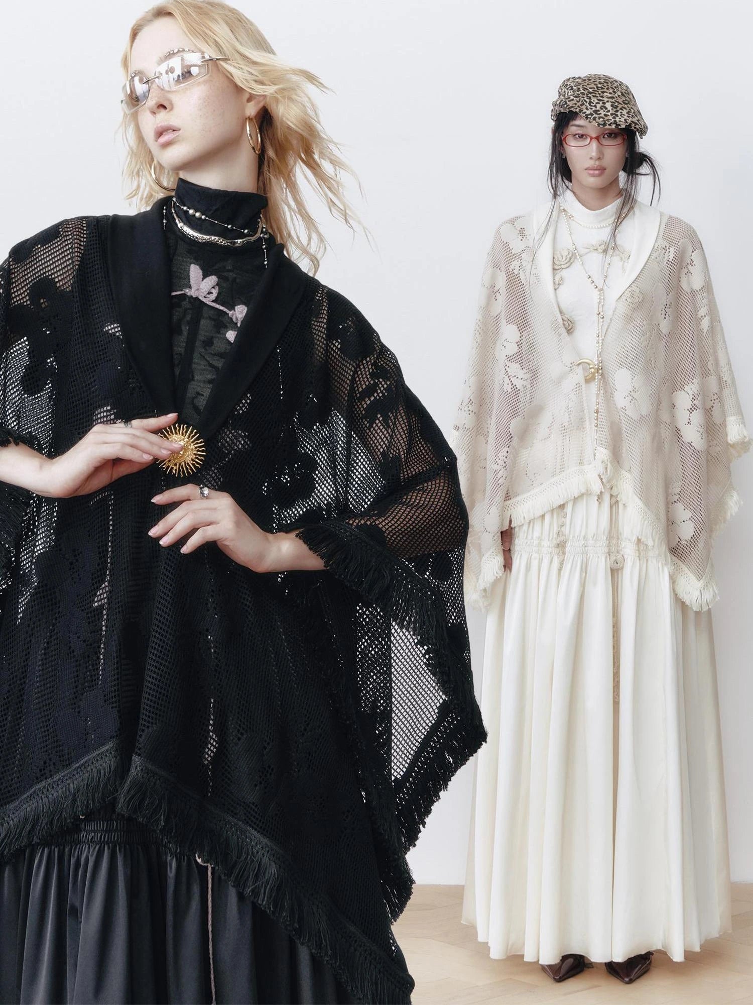 OfAkiva Celestial Retro Lace Fringe Asymmetrical Cape