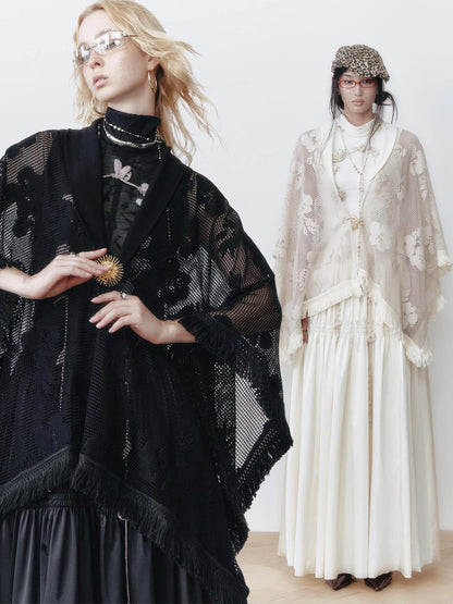 OfAkiva Celestial Retro Lace Fringe Asymmetrical Cape