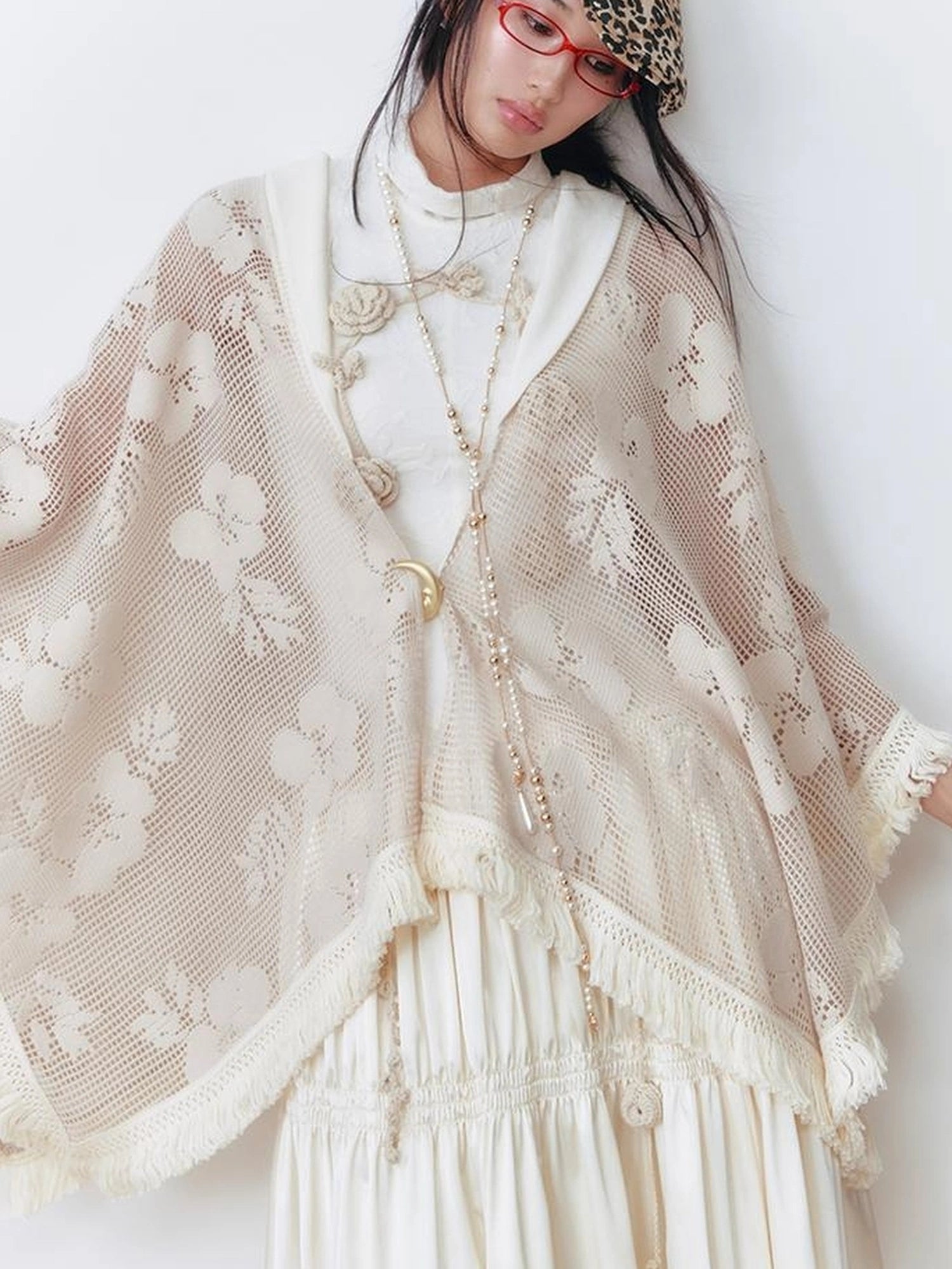 OfAkiva Celestial Retro Lace Fringe Asymmetrical Cape