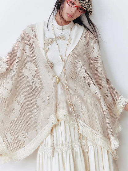 OfAkiva Celestial Retro Lace Fringe Asymmetrical Cape