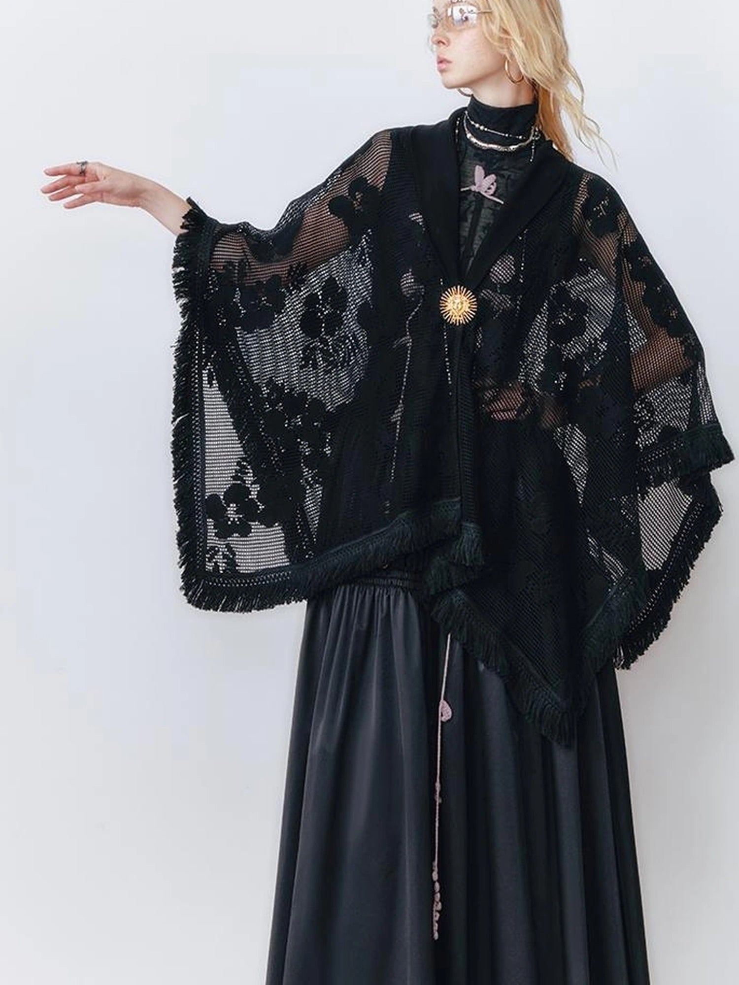 OfAkiva Celestial Retro Lace Fringe Asymmetrical Cape