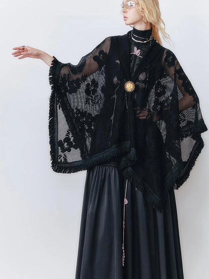 OfAkiva Celestial Retro Lace Fringe Asymmetrical Cape