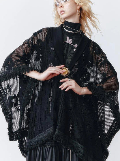 OfAkiva Celestial Retro Lace Fringe Asymmetrical Cape