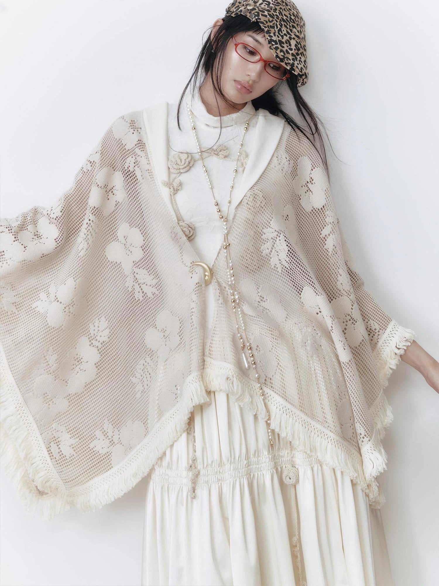 OfAkiva Celestial Retro Lace Fringe Asymmetrical Cape