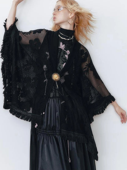 OfAkiva Celestial Retro Lace Fringe Asymmetrical Cape