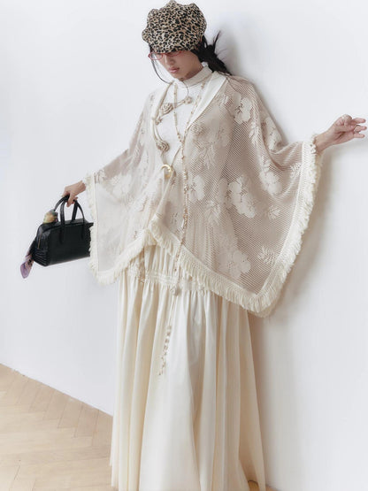 OfAkiva Celestial Retro Lace Fringe Asymmetrical Cape
