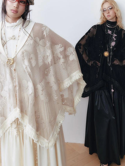 OfAkiva Celestial Retro Lace Fringe Asymmetrical Cape