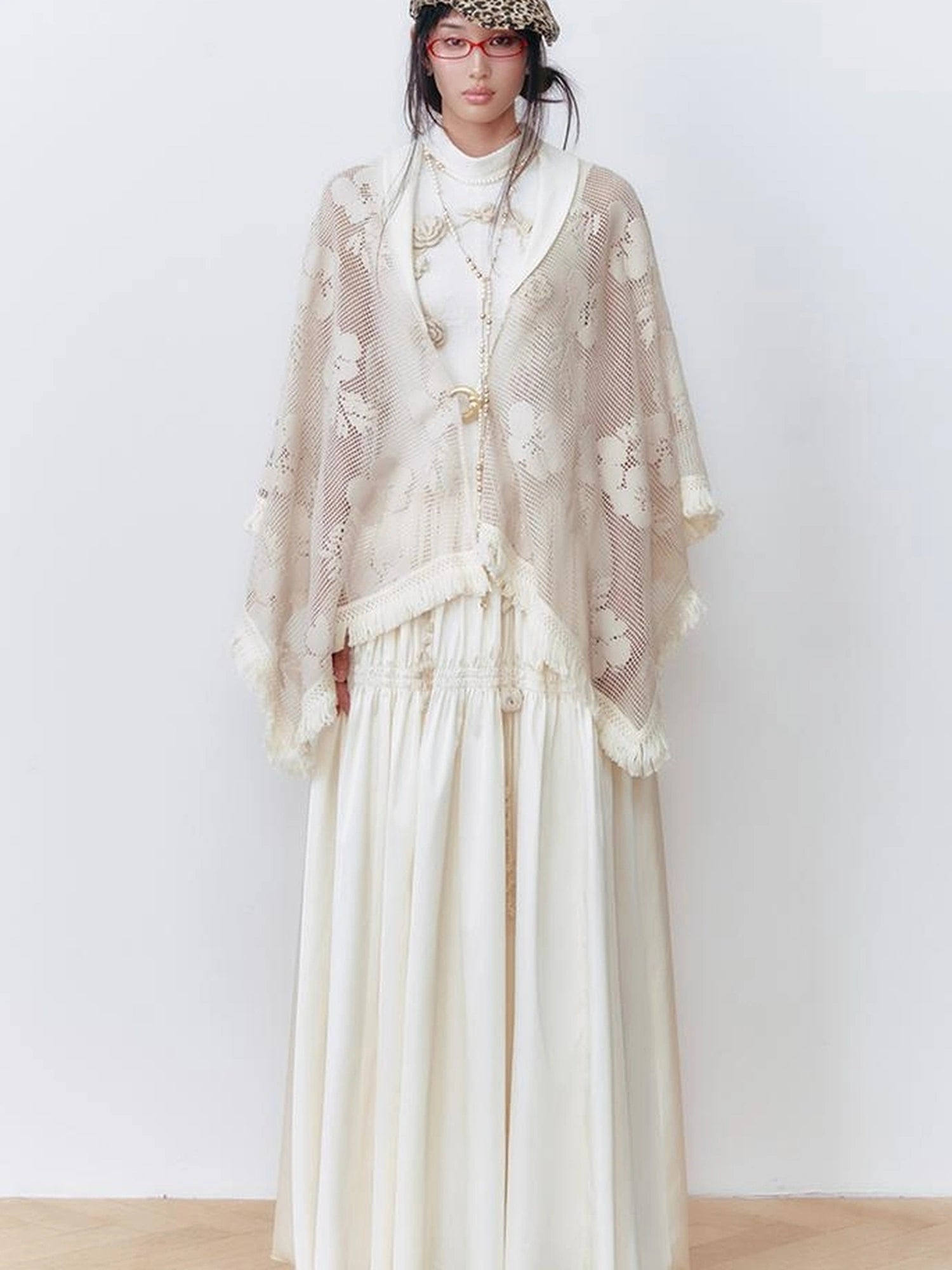 OfAkiva Celestial Retro Lace Fringe Asymmetrical Cape