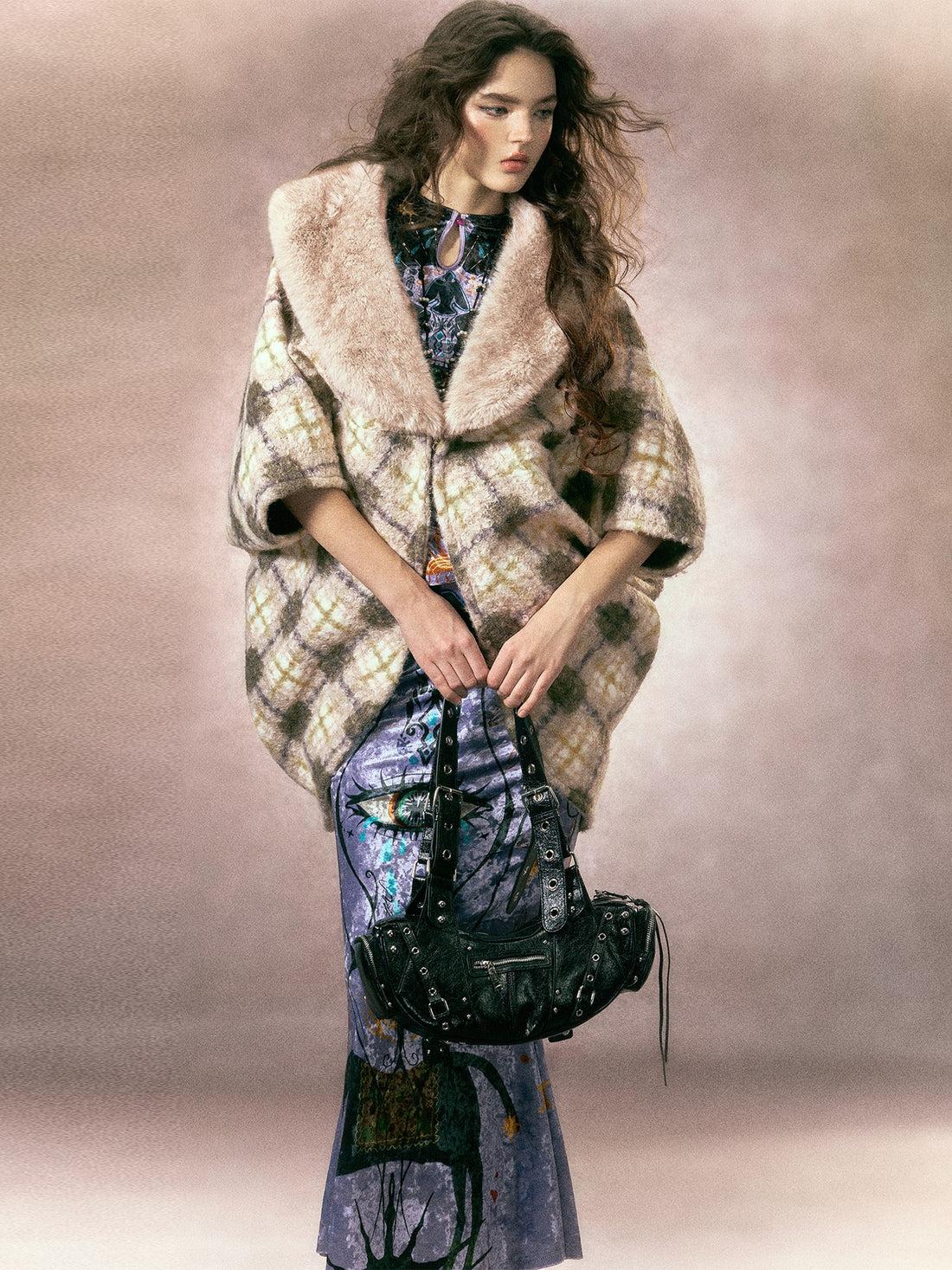 OfAkiva Checked Plaid Spliced Fur Collar Patchwork Women&