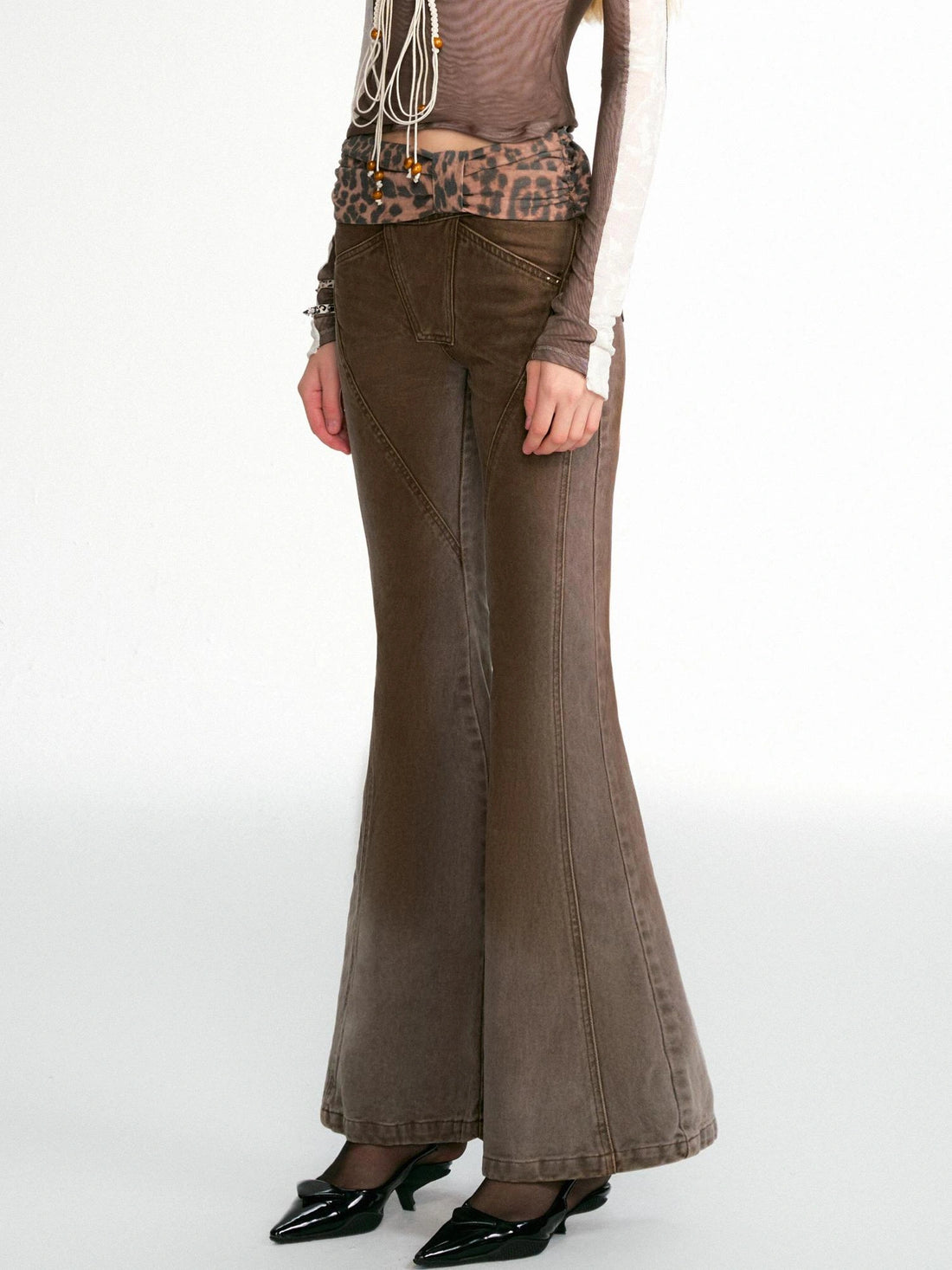 OfAkiva Cheetah Print Faded Distressed Ruffle Patchwork Jeans