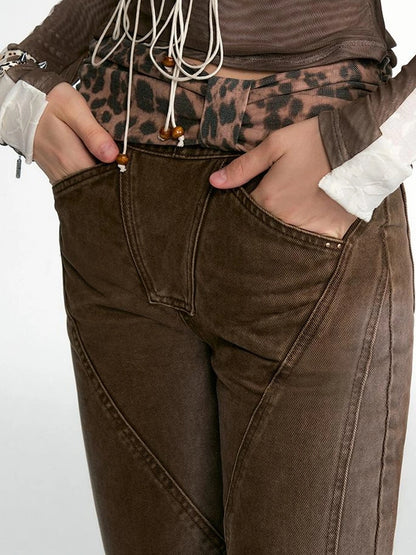 OfAkiva Cheetah Print Faded Distressed Ruffle Patchwork Jeans