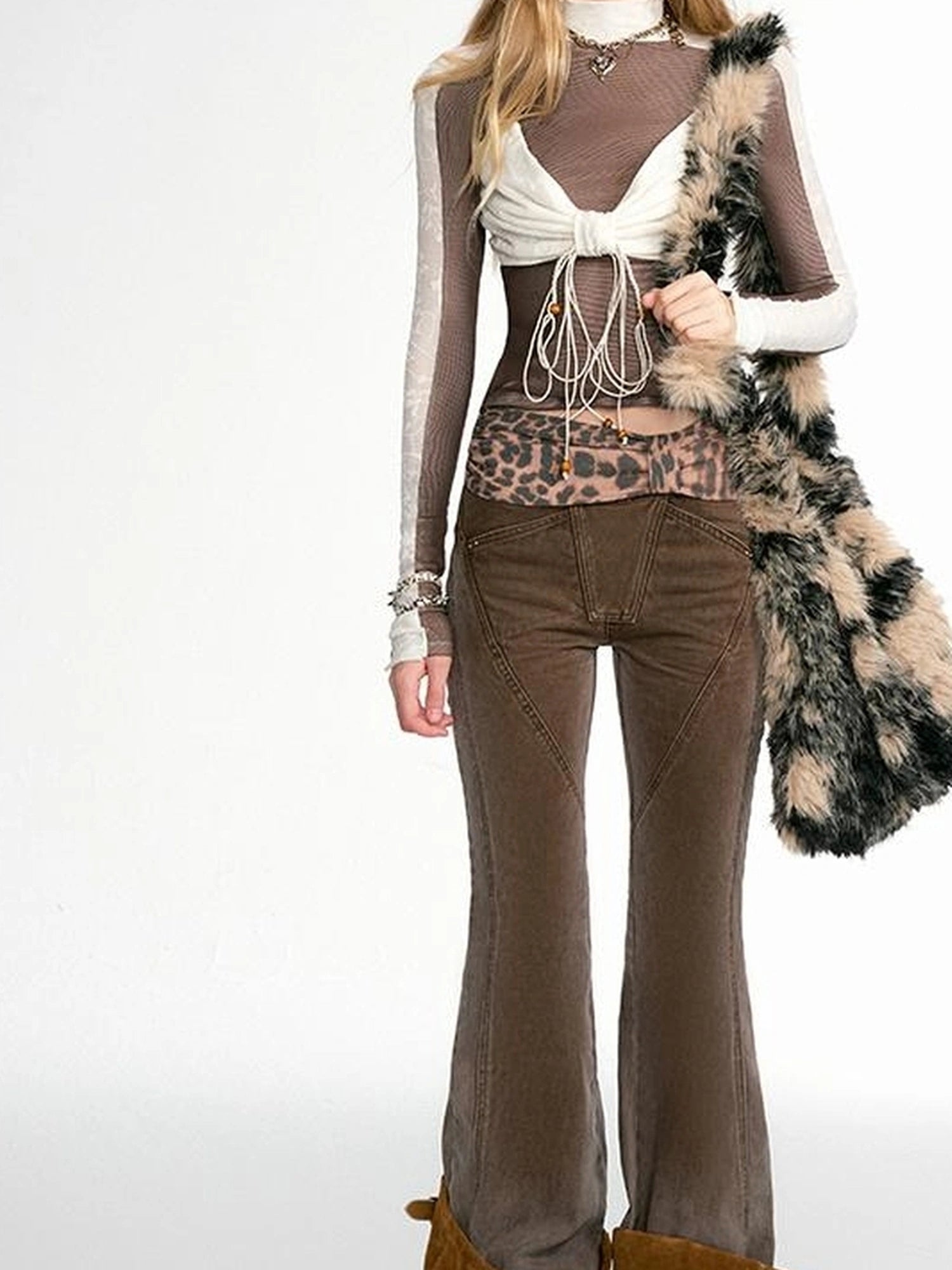 OfAkiva Cheetah Print Faded Distressed Ruffle Patchwork Jeans