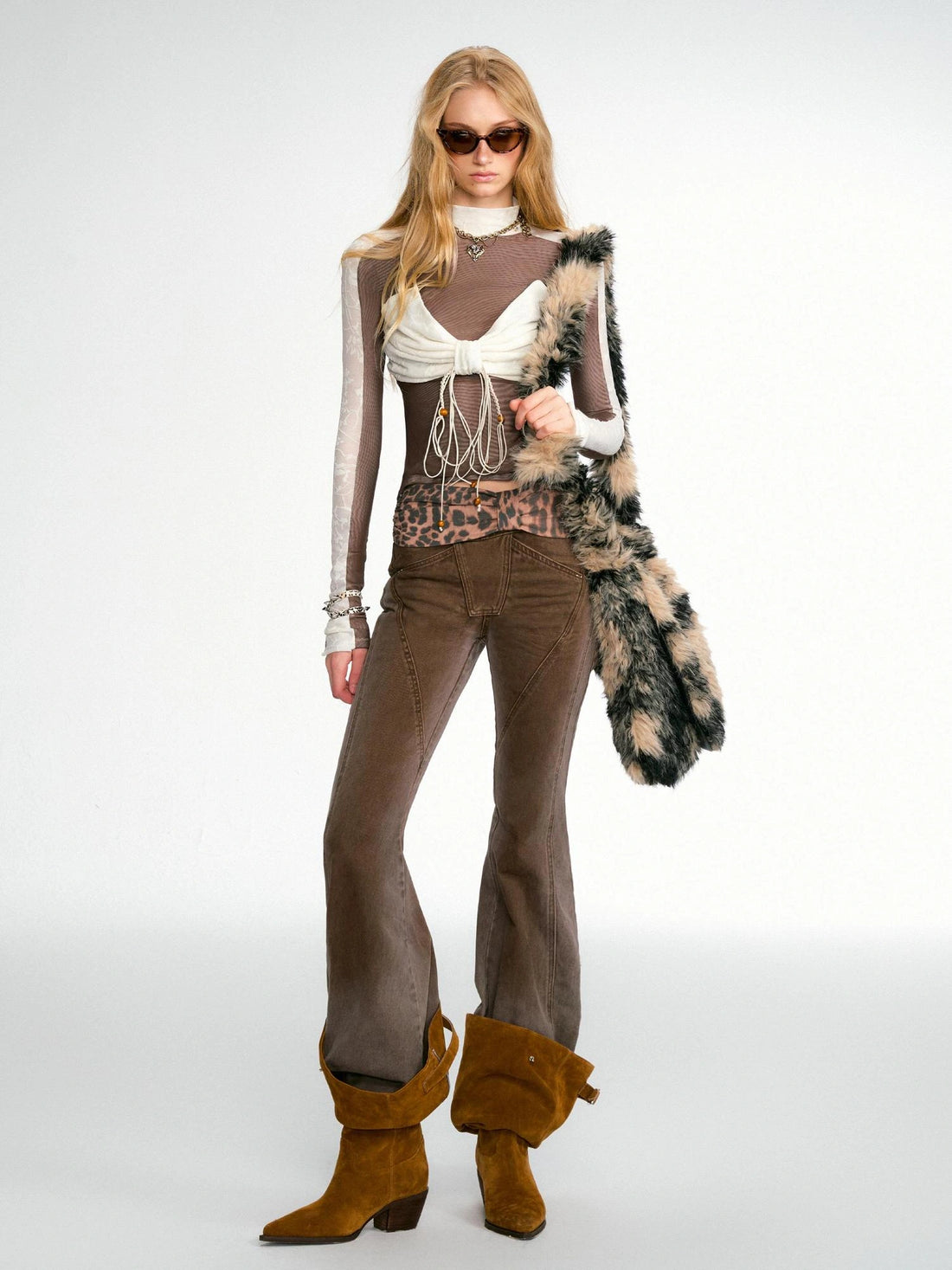 OfAkiva Cheetah Print Faded Distressed Ruffle Patchwork Jeans