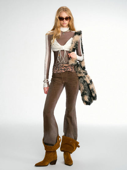 OfAkiva Cheetah Print Faded Distressed Ruffle Patchwork Jeans