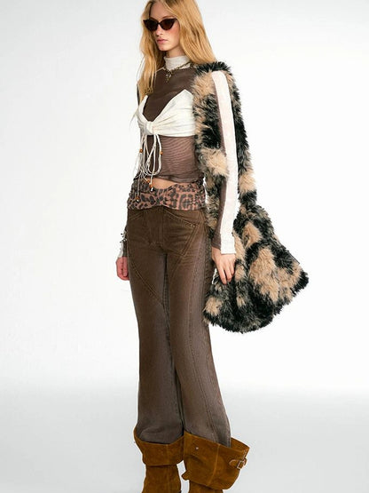 OfAkiva Cheetah Print Faded Distressed Ruffle Patchwork Jeans