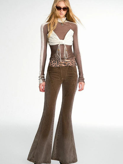 OfAkiva Cheetah Print Faded Distressed Ruffle Patchwork Jeans