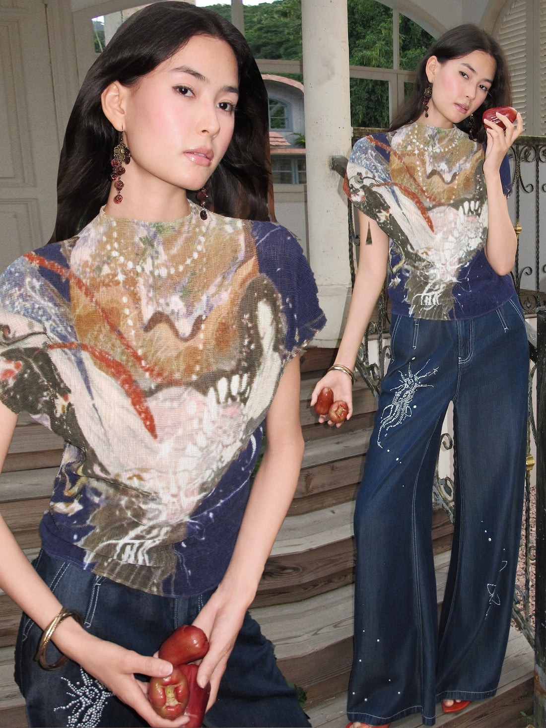 OfAkiva Cropped Pleated Shanhaijing Print Women&